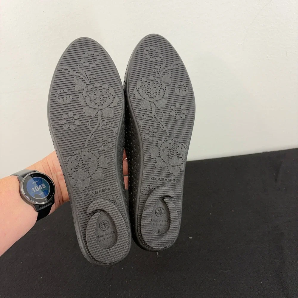 Okabashi Taylor Matte Black Perforated Ballet Flat Shoes Womens 9 USA Made Eco